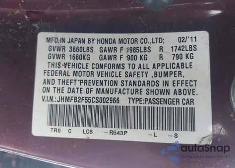 2012 Honda Civic Lx from USA, damaged, VIN JHMFB2F55CS002966